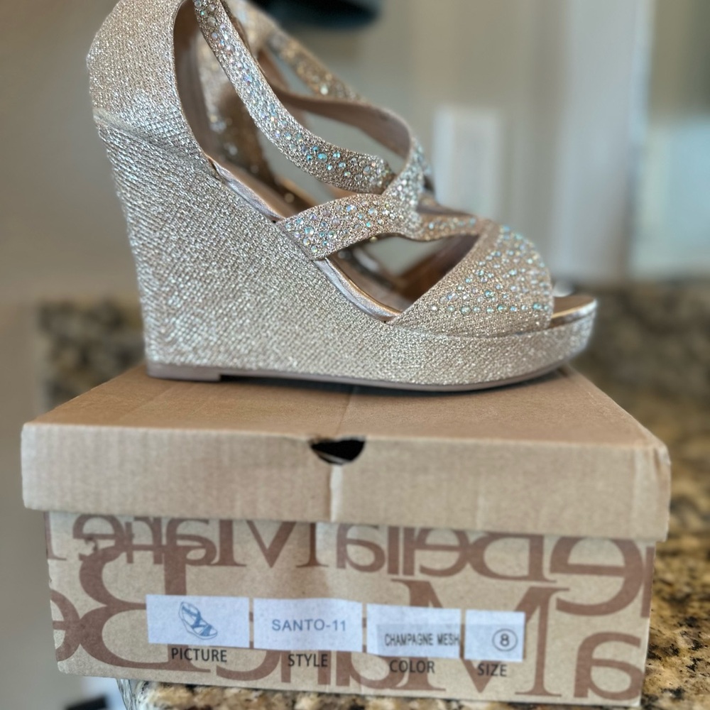 Bella Marie Glittering Beige Wedge Sandals - Picture 2 of 4
